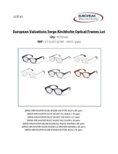 Bundle of Serge Kirchhofer optical frames (Quantity: 429)