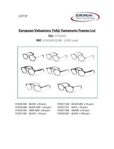 Bundle of Yohji Yamamoto optical frames (Quantity: 539)