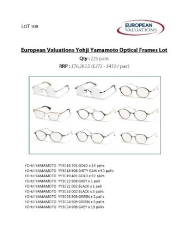 Bundle of Yohji Yamamoto optical frames (Quantity: 225)