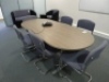 Light walnut effect 200cm workstation with matching 3 drawer filing cabinet, oval meetings table with 6 blue cloth upholstered skid-leg chairs and combination storage unit - 8