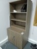 Light walnut effect 200cm workstation with matching 3 drawer filing cabinet, oval meetings table with 6 blue cloth upholstered skid-leg chairs and combination storage unit - 6