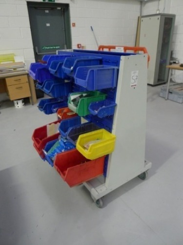 Double sided mobile storage bin rack