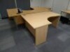 3 assorted light oak effect workstations with a matching 3 drawer pedestal and side table