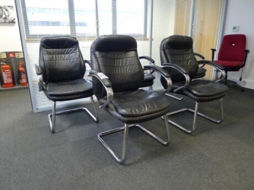 10 black leather effect skid-leg armchairs