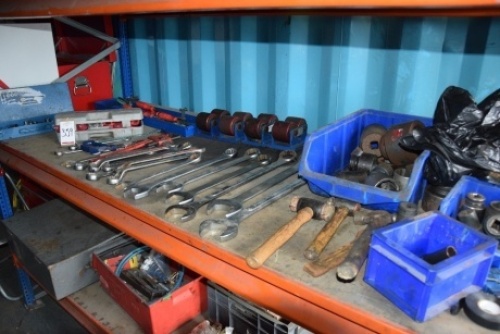 Large quantity of heavy duty hand toos as lotted on one shelf (Containers)