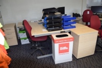 2 Light oak effect curved workstations with matching 3 drawer pedestals (Ground floor office)