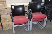 8 Pink cloth upholstered punch backed, skid-leg meetings chairs (Offices first floor meetings room)