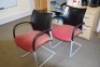 8 Pink cloth upholstered punch backed, skid-leg meetings chairs (Offices first floor meetings room)
