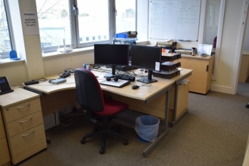 4 Light oak effect curved workstations with matching pedestals (Offices second floor accounts)