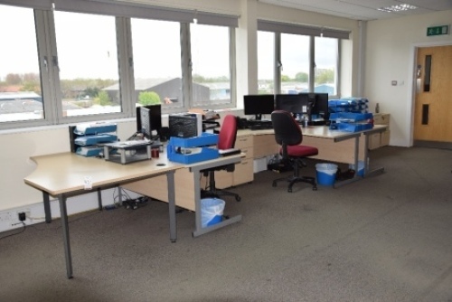 5 Light oak effect curved workstations with matching pedestals (Offices second floor engineering)