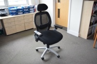 Staples Black cloth upholstered mesh back swivel chair (Offices second floor engineering)