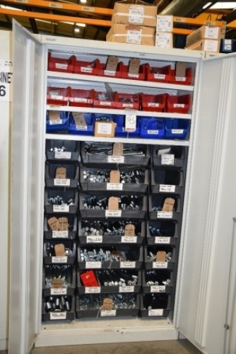 Bisley Grey steel 6ft double door cupboard and contents, mainly bolts, brush arm fixings etc (Bay 1)